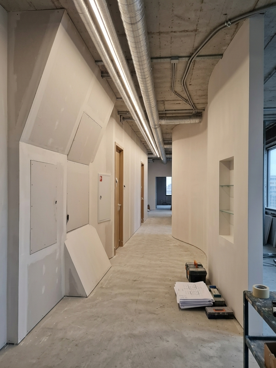 Commercial corridor renovation with partition walls and exposed ceiling ductwork