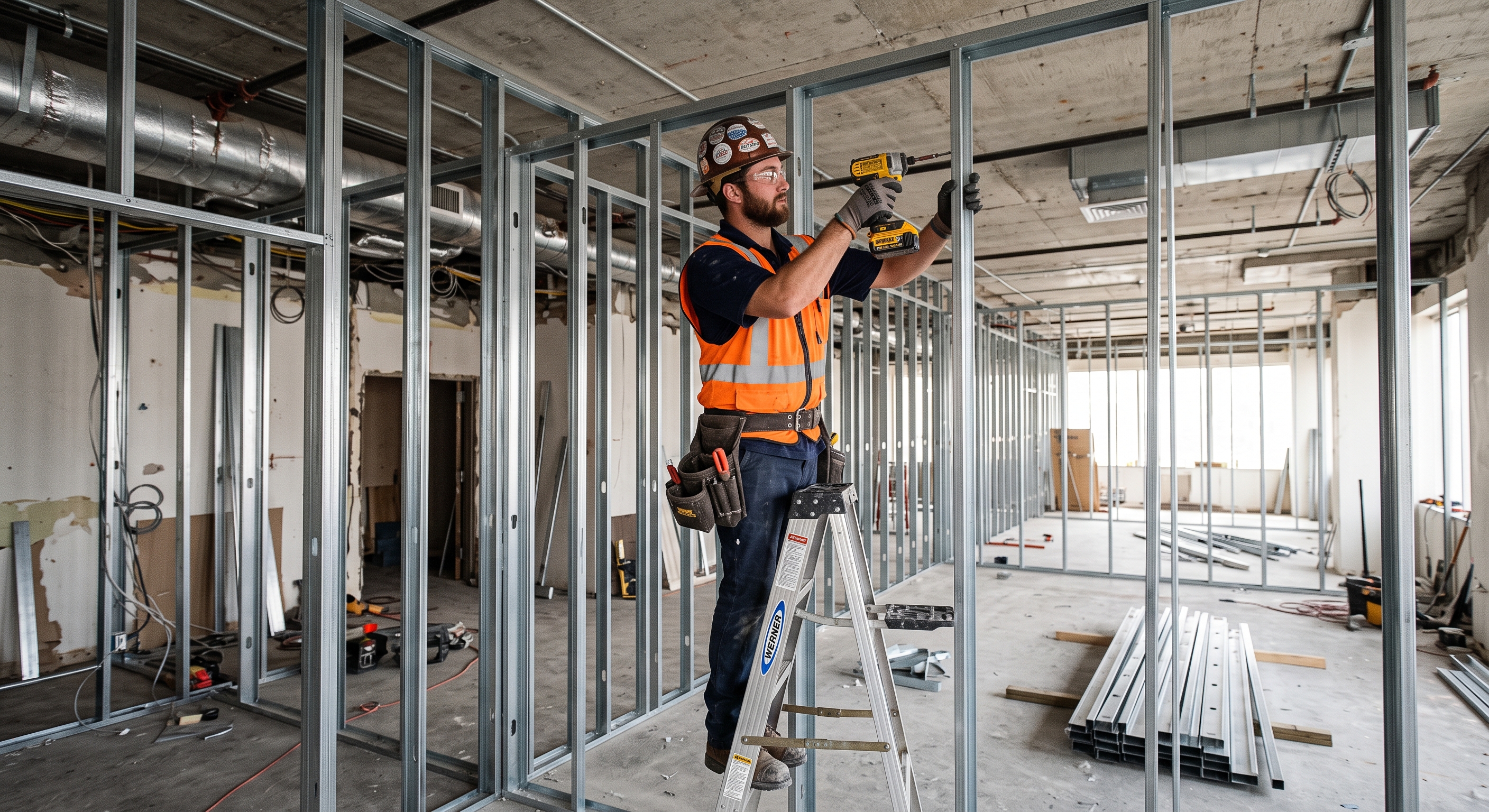 Illustration of a worker installing steel stud partition framing